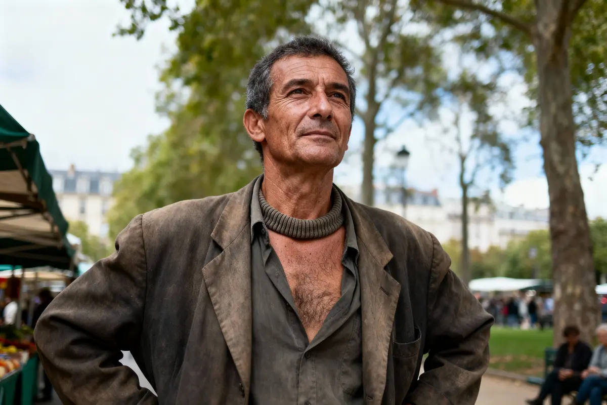 Homme mûr debout, veste usée, extérieur verdoyant, ciel bleu, attitude confiante et pensive, marché en arrière-plan.