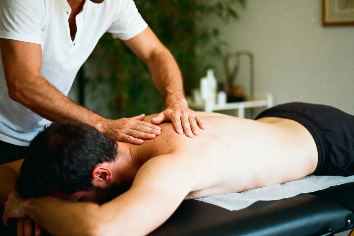 Homme recevant un massage du dos sur table, dans un environnement calme et confortable.