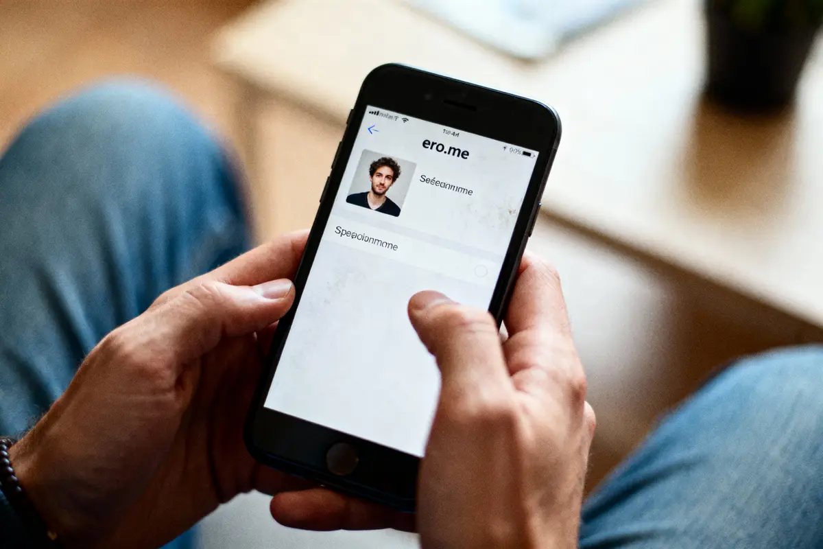 Personne tenant un smartphone affichant un profil utilisateur d'une application nommée "ero.me".