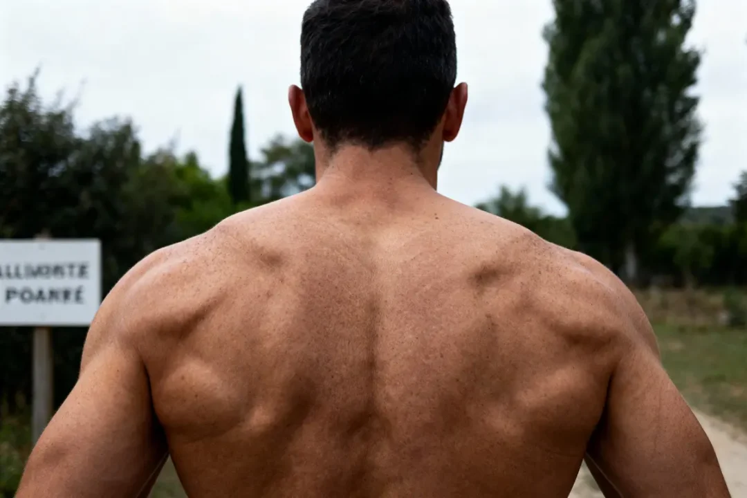Homme torse nu de dos montrant muscles dorsaux, extérieur, arbres en arrière-plan.