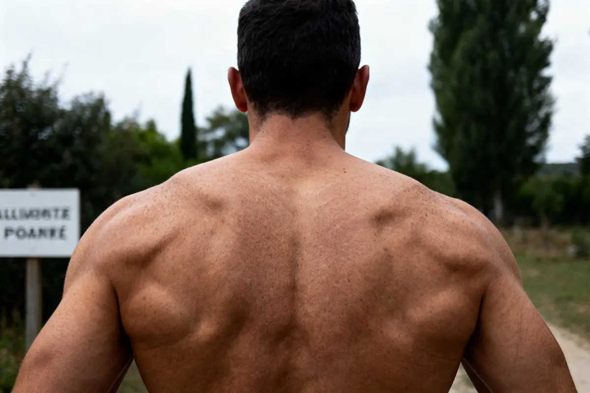 Homme torse nu de dos montrant muscles dorsaux, extérieur, arbres en arrière-plan.