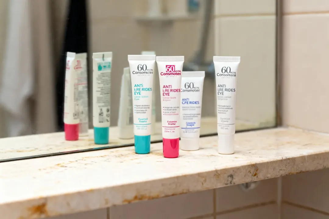 Trois tubes de crème anti-rides devant un miroir, sur une étagère de salle de bain.