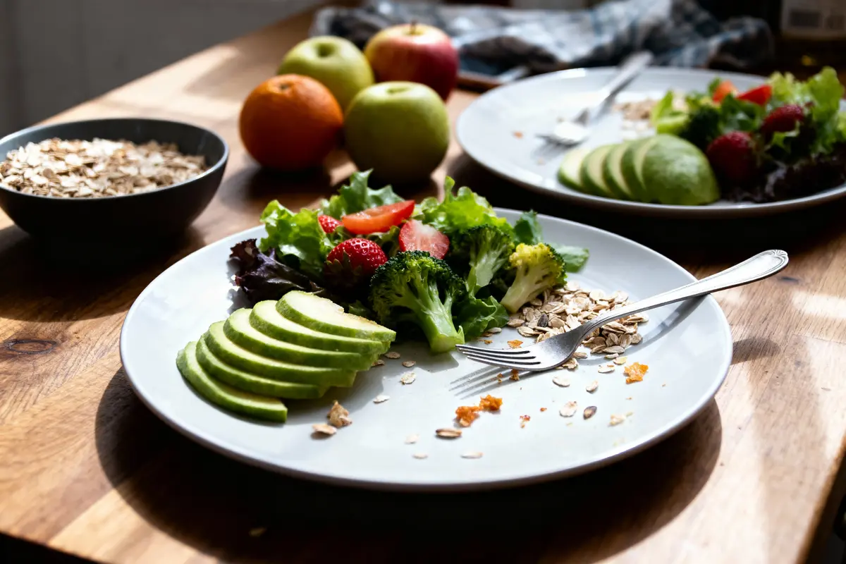 Salade avec avocat, fraises, brocoli et flocons d'avoine sur assiette. Fruits en arrière-plan.