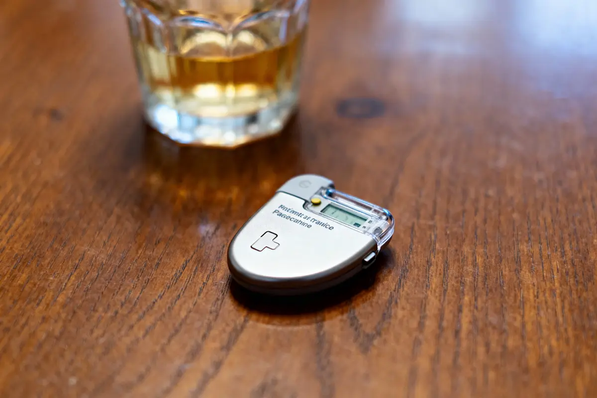Verre de boisson ambrée et pacemaker sur une table en bois.
