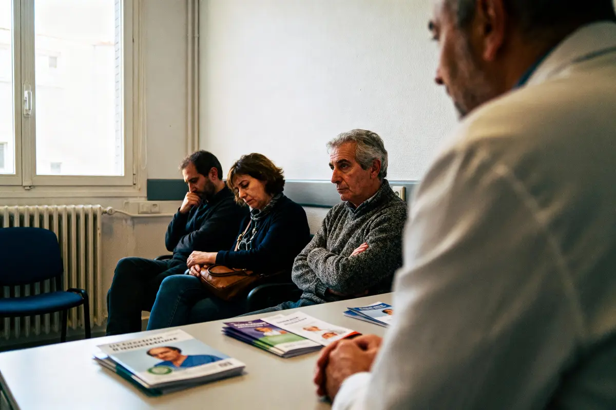 Quatre personnes dans une salle d'attente avec brochures, expression préoccupée, assis près d'une fenêtre en journée.