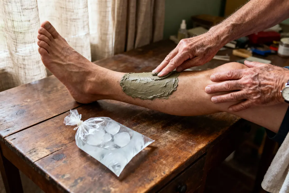 Personne appliquant un cataplasme à l'argile sur une jambe, sac de glace à proximité, sur table en bois.