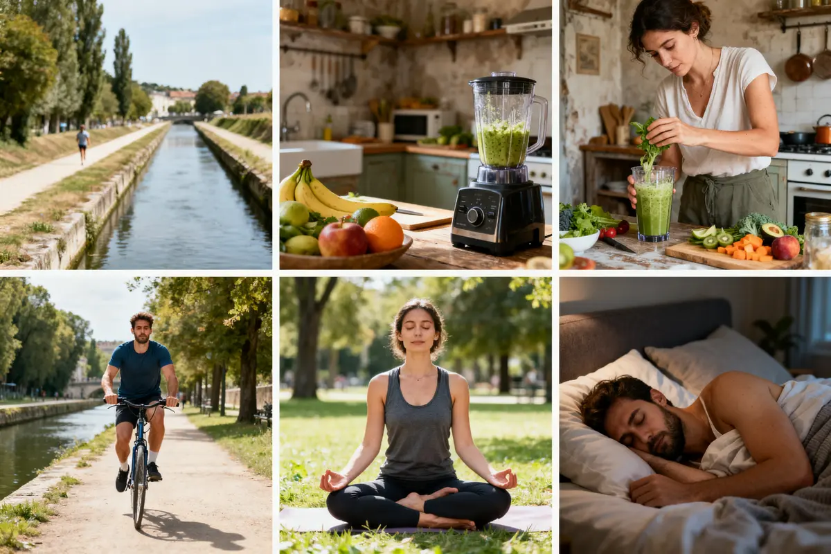 Collage de style de vie sain : vélo, course, méditation, préparation smoothie, fruits, sommeil, canal, nature, cuisine.