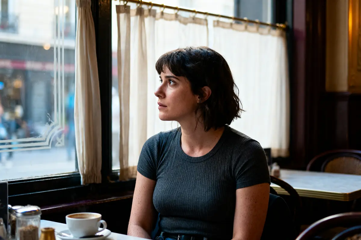 Personne assise dans un café, regardant pensivement par la fenêtre, tasse de café posée devant elle.