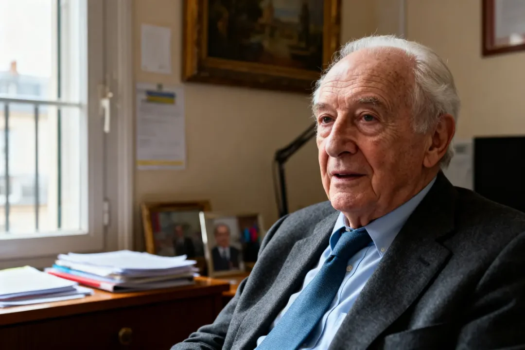 Homme âgé en costume, assis dans un bureau, entouré de dossiers et de photos encadrées.