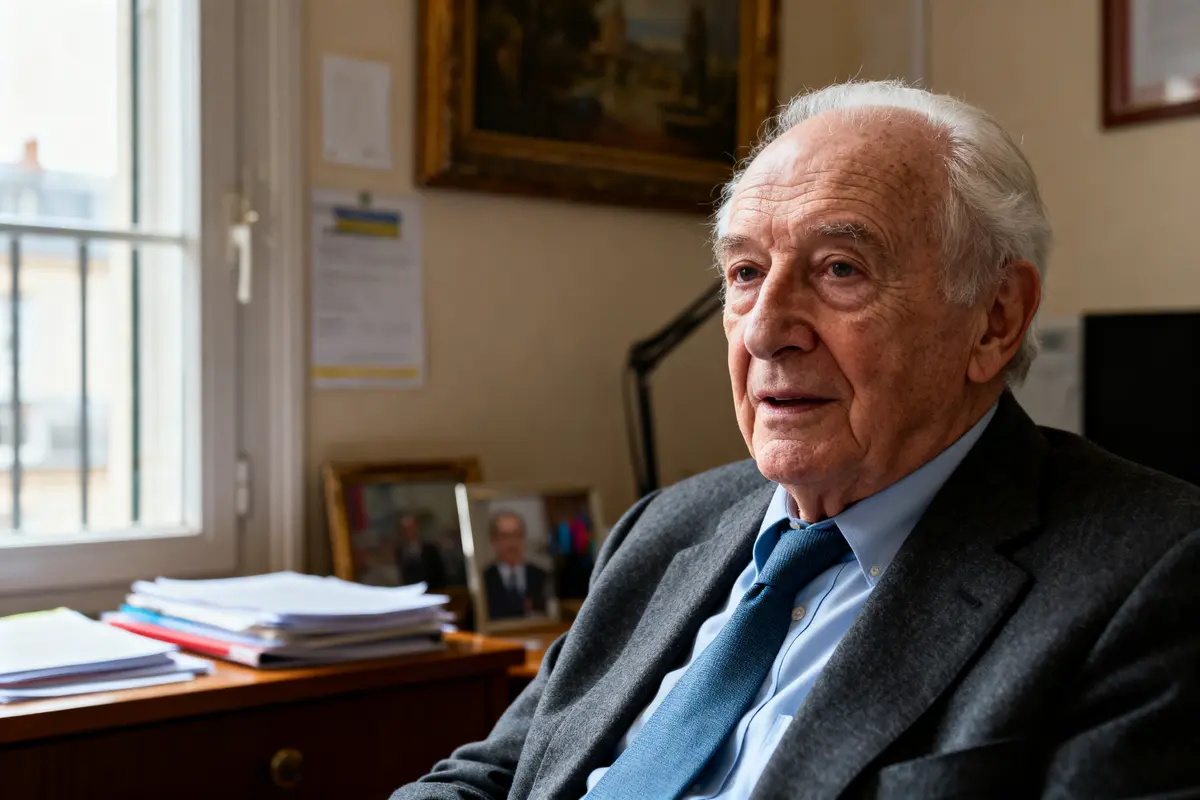 Homme âgé en costume, assis dans un bureau, entouré de dossiers et de photos encadrées.