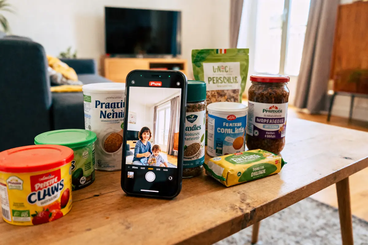Smartphone sur table entouré de divers produits alimentaires, affichant une photo de famille à l'écran.