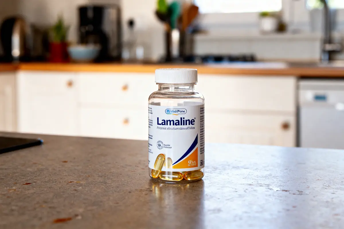 Bouteille de Lamaline sur une table de cuisine, arrière-plan flou avec appareils ménagers.