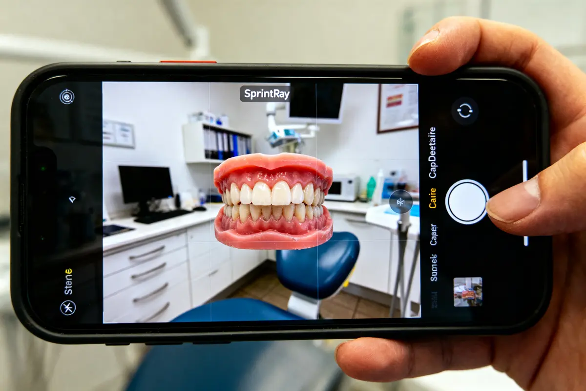Smartphone montrant un modèle de dents en réalité augmentée dans un cabinet dentaire moderne.