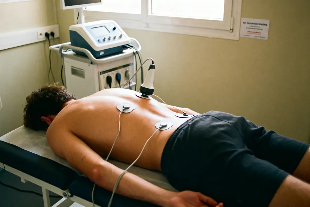 Patient allongé sur le ventre, recevant un traitement électrique, électrodes attachées au dos, machine médicale à côté.