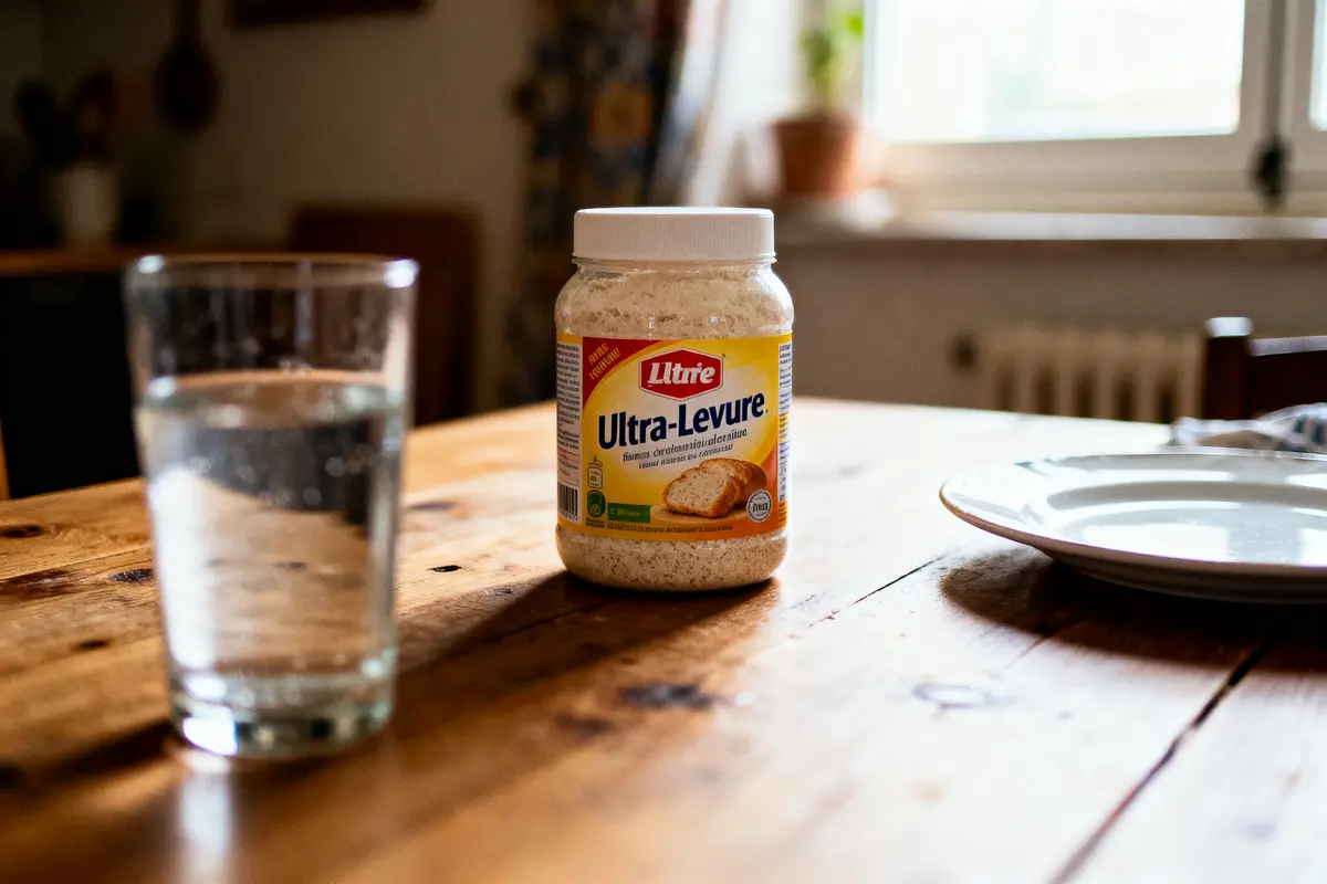 Bocal d'Ultra-Levure sur table en bois avec verre d'eau et assiette, près fenêtre lumineuse.
