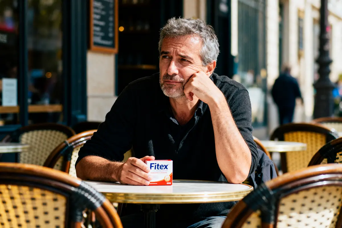 Homme pensif assis à une table de café, tenant une boîte de médicaments Fitex.