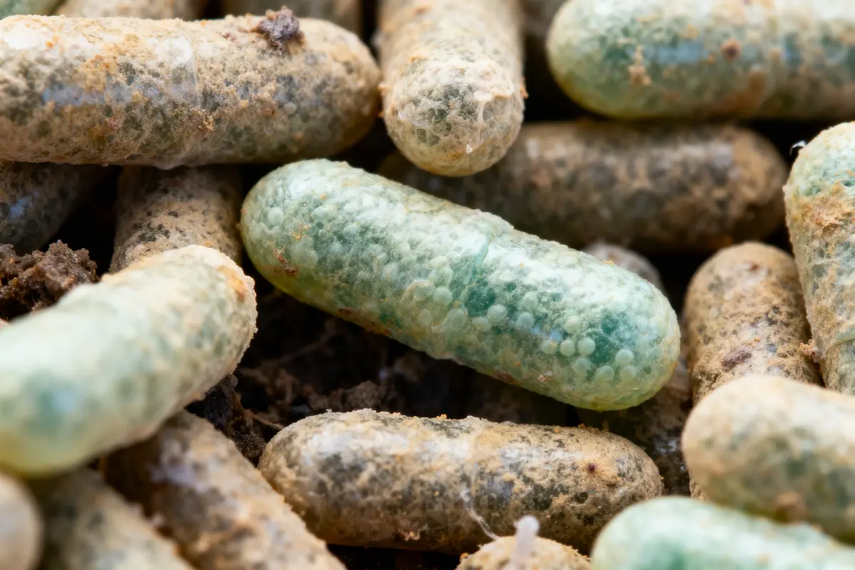 Gros plan sur des granulés de mousse verte parmi d'autres granulés brunâtres dans un sol humide.