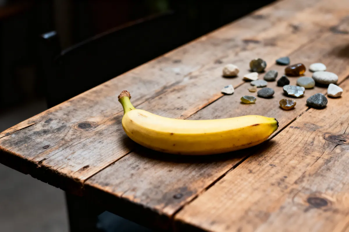 Banane sur table en bois avec petits cailloux dispersés autour, éclairage naturel doux.