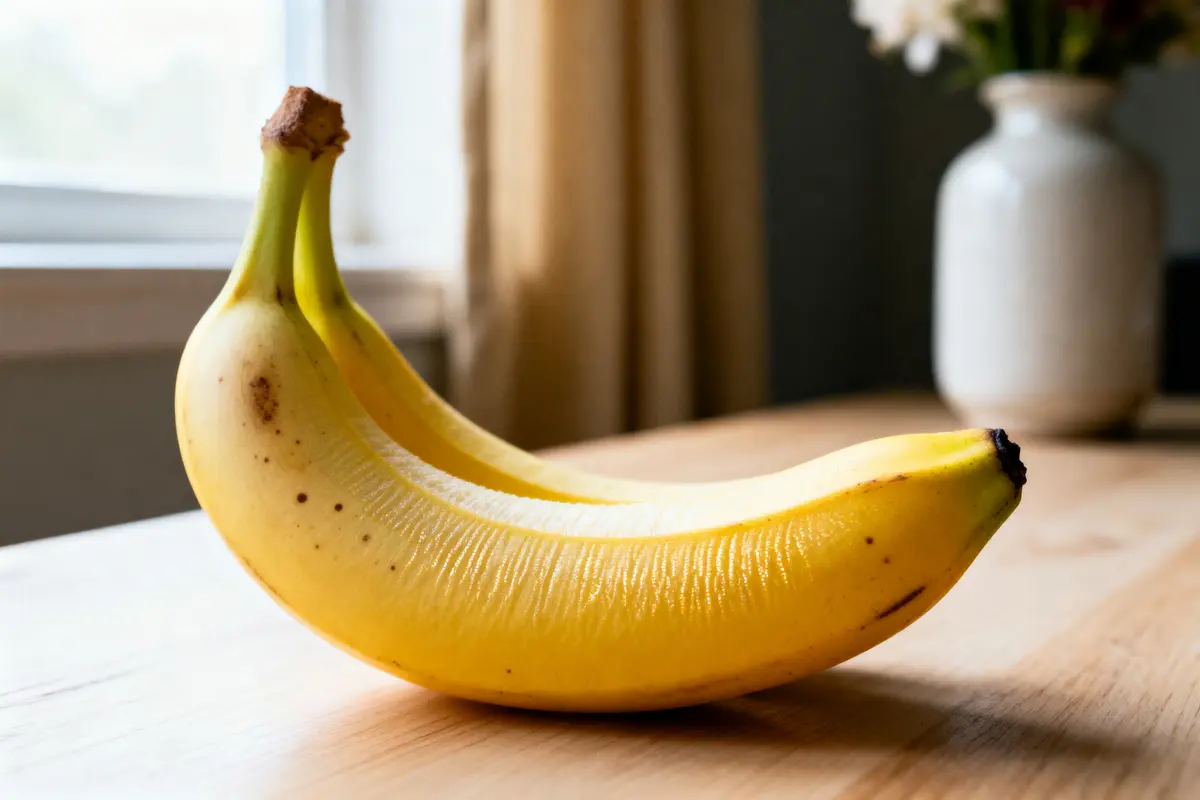 Une banane mûre sur une table en bois, lumière naturelle, vase en arrière-plan.