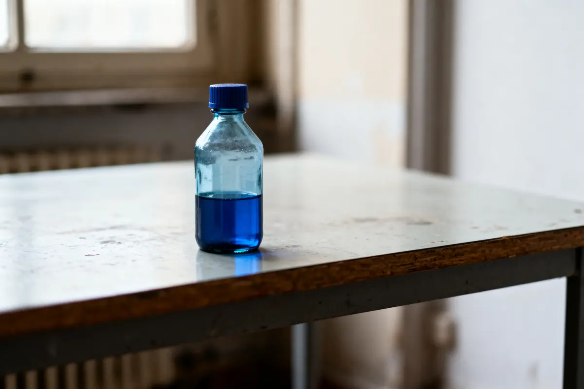 Bouteille plastique bleue, remplie de liquide, sur une table en bois clair. Fenêtre floue en arrière-plan.