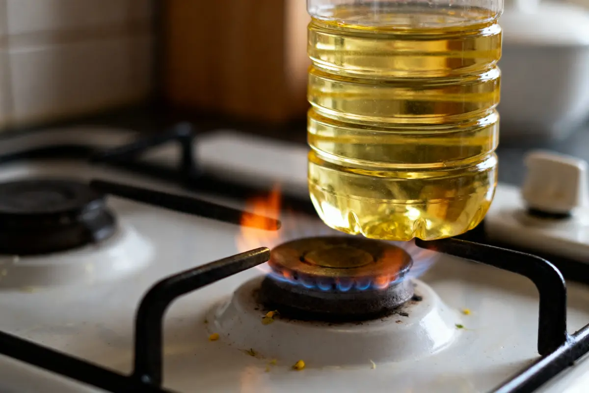 Bouteille d'huile au-dessus d'un brûleur à gaz enflammé dans une cuisine.