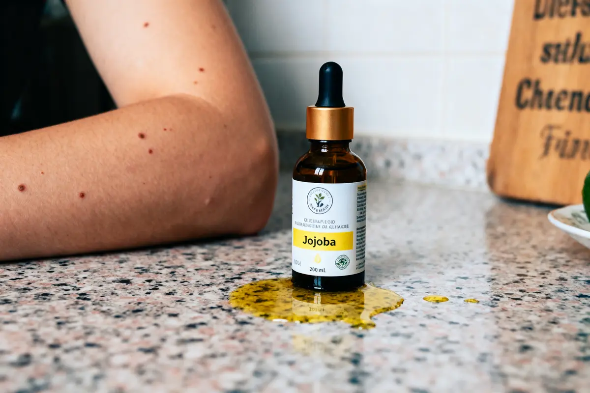 Bouteille d'huile de jojoba renversée sur un comptoir de cuisine, près d'un bras humain.