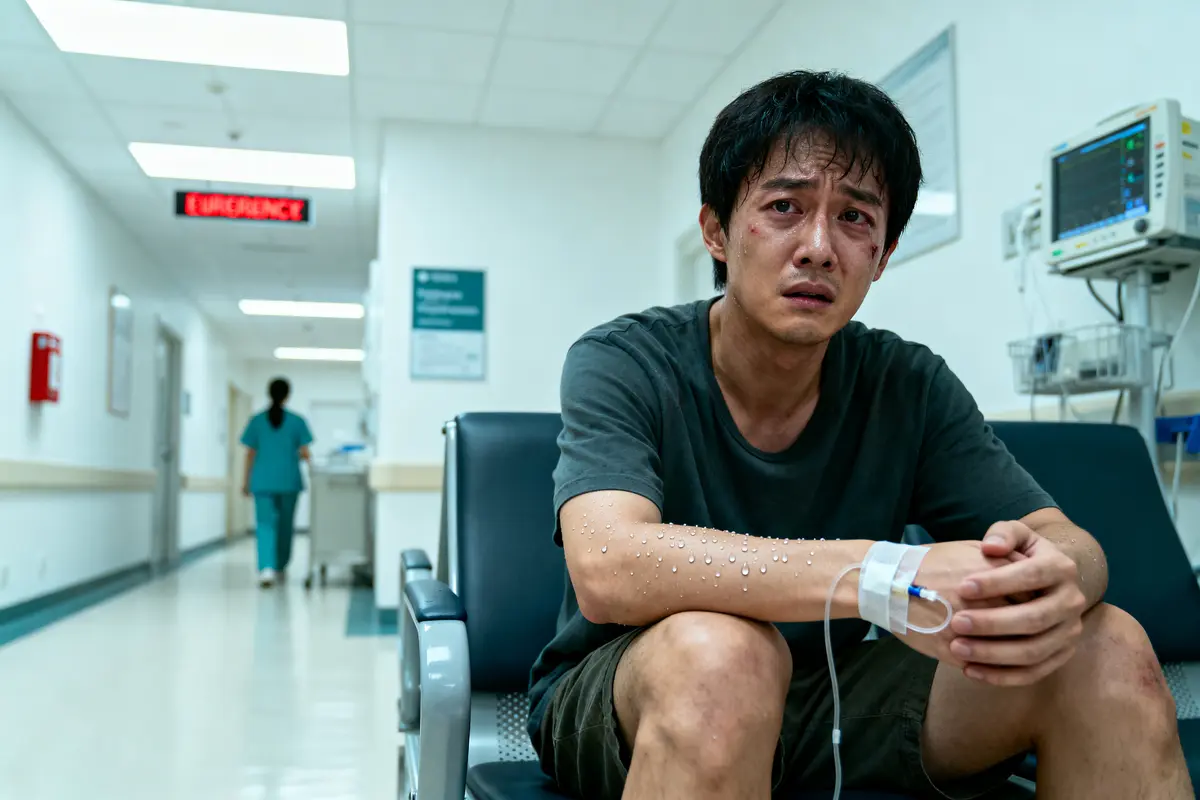 Un homme assis dans un couloir d'hôpital, semblant stressé. Environnement médical en arrière-plan.