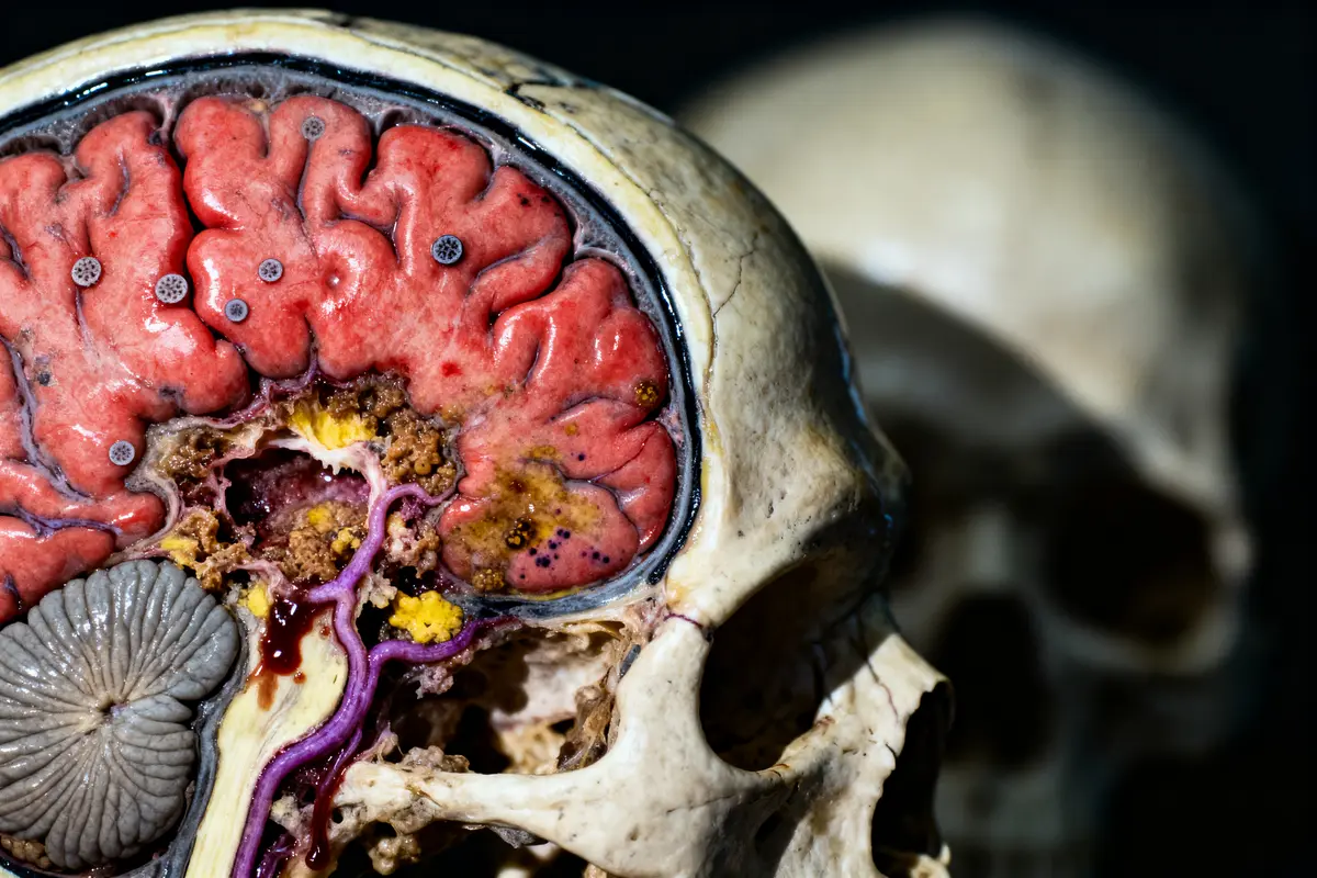 Coupe transversale d'un crâne humain montrant le cerveau, avec détails des structures internes et coloration.