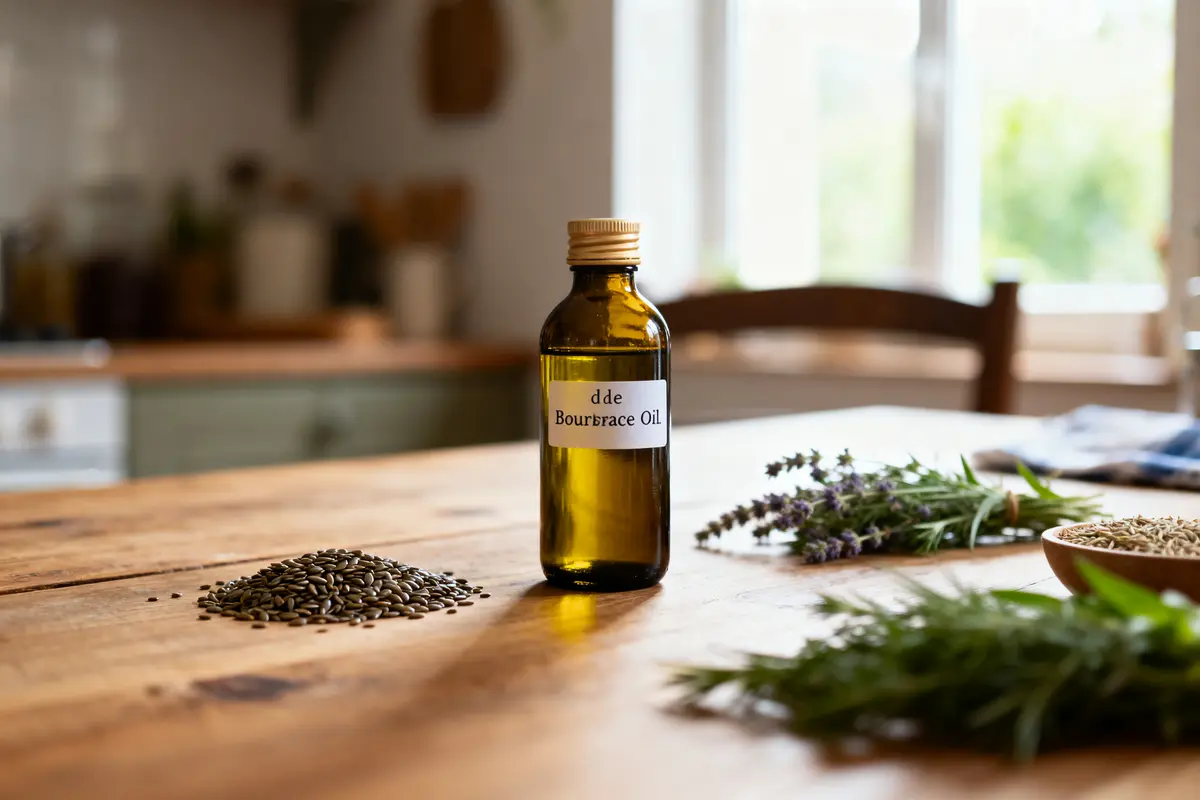 Bouteille d'huile sur table en bois avec graines et herbes, cuisine en arrière-plan flou.