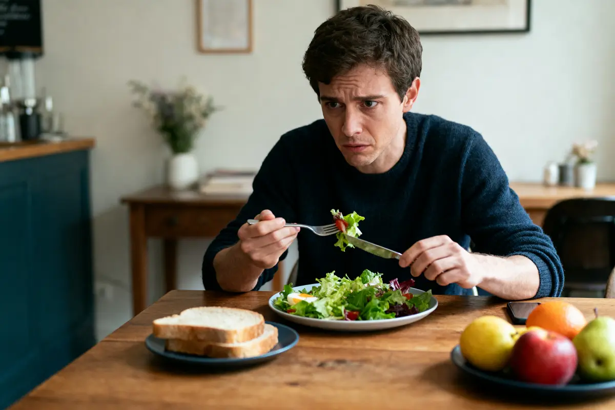 Homme mangeant une salade à table, air préoccupé, avec fruits et pain en arrière-plan.