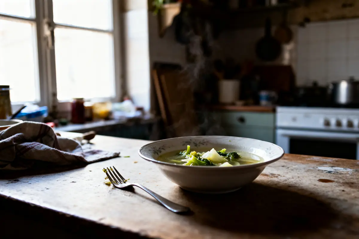 Bol de soupe fumante sur table de cuisine en bois, près de fenêtre.