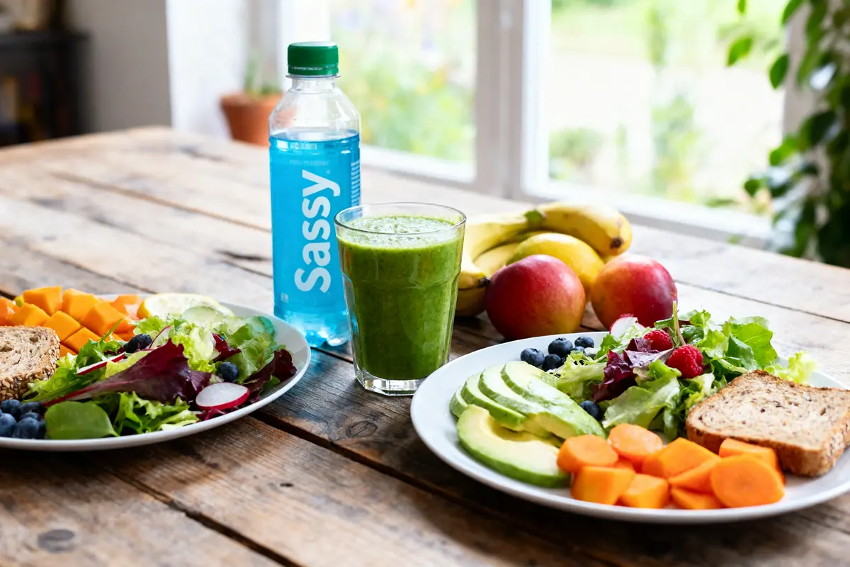 Deux assiettes de salade colorée, smoothie vert, bouteille d'eau, fruits sur table en bois.