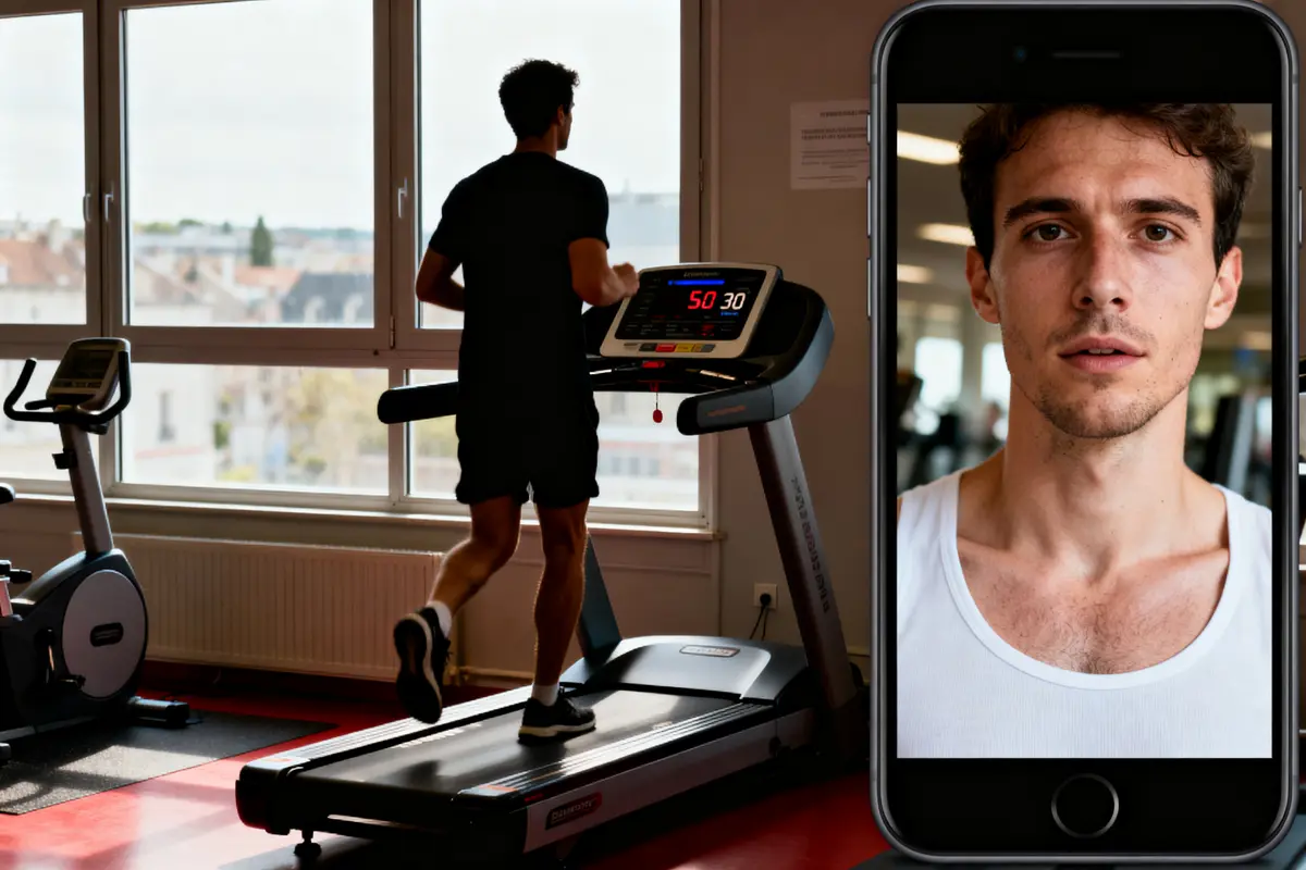 Un homme court sur un tapis roulant, téléphone affichant son portrait, dans une salle de sport lumineuse.