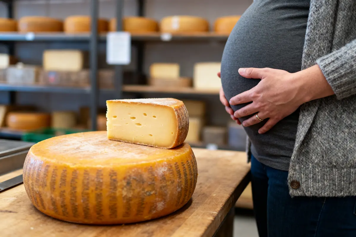 Gros plan d'une meule de fromage et ventre de femme enceinte en arrière-plan, dans une fromagerie.