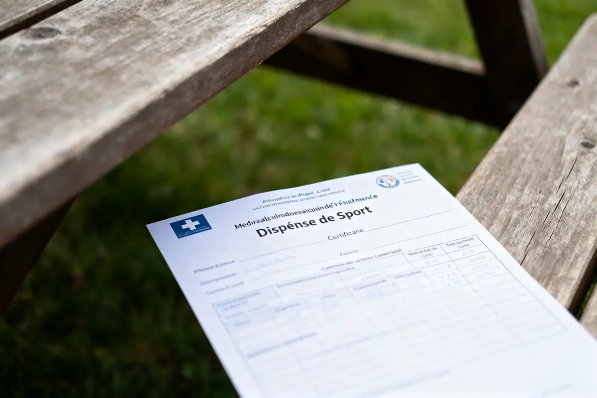 Document de "Dispense de Sport" posé sur une table en bois, extérieur gazonné en arrière-plan.