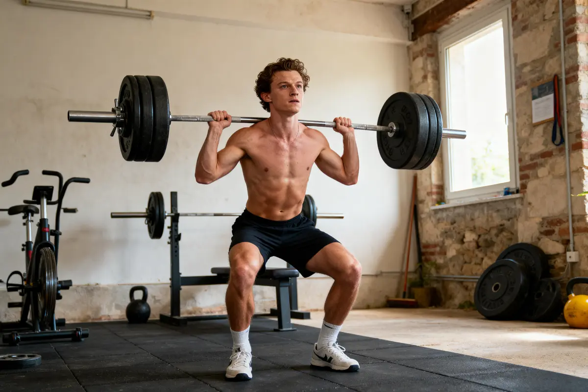 Un homme soulève une barre chargée en squat dans une salle de sport rustique bien éclairée.