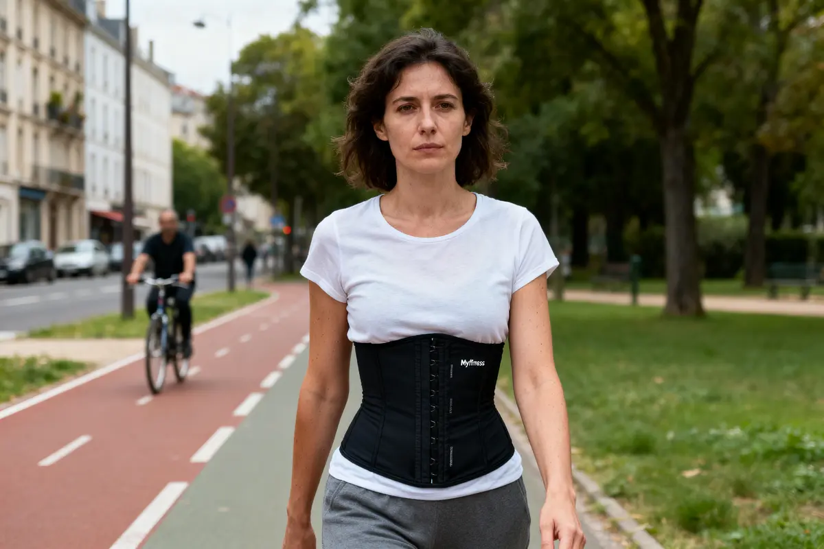 Femme marchant sur un chemin à côté d'une piste cyclable, portant un corset noir, arbres en arrière-plan.