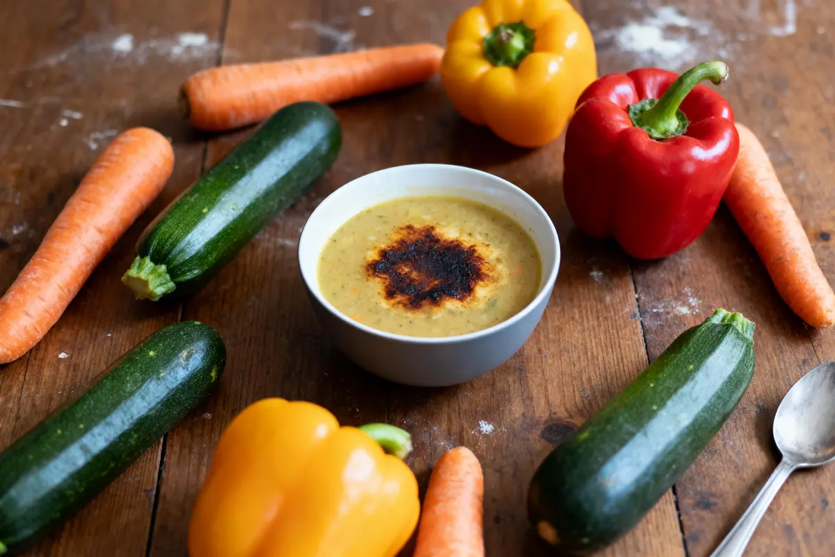 Bol de soupe crémeuse entouré de légumes : courgettes, carottes, poivrons rouges et jaunes, sur table en bois.