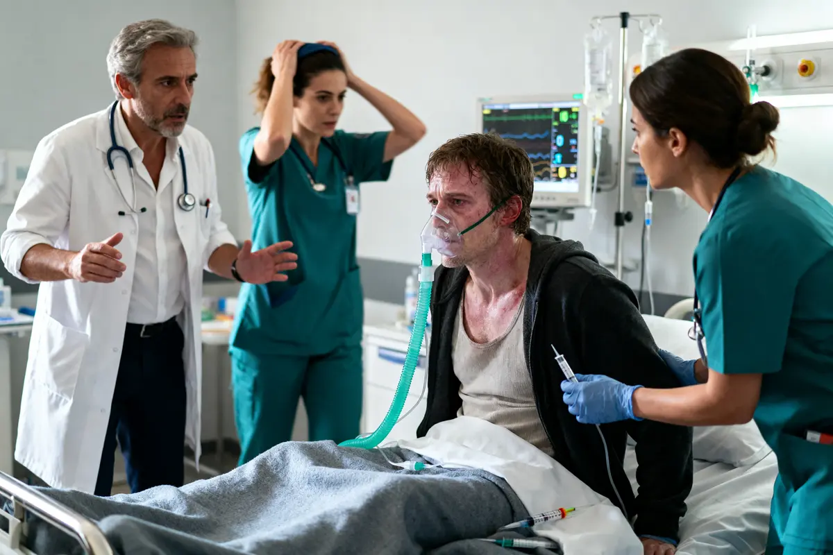 Un homme assis sur lit d'hôpital, entouré de médecins inquiets. Moniteur cardiaque, masque à oxygène.