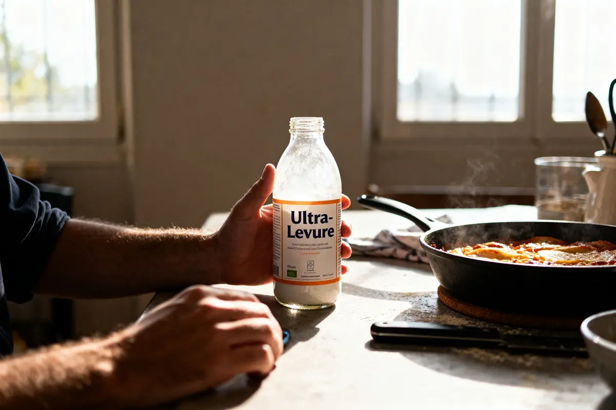 Homme tenant une bouteille Ultra-Levure près d'une poêle de lasagnes dans une cuisine ensoleillée.