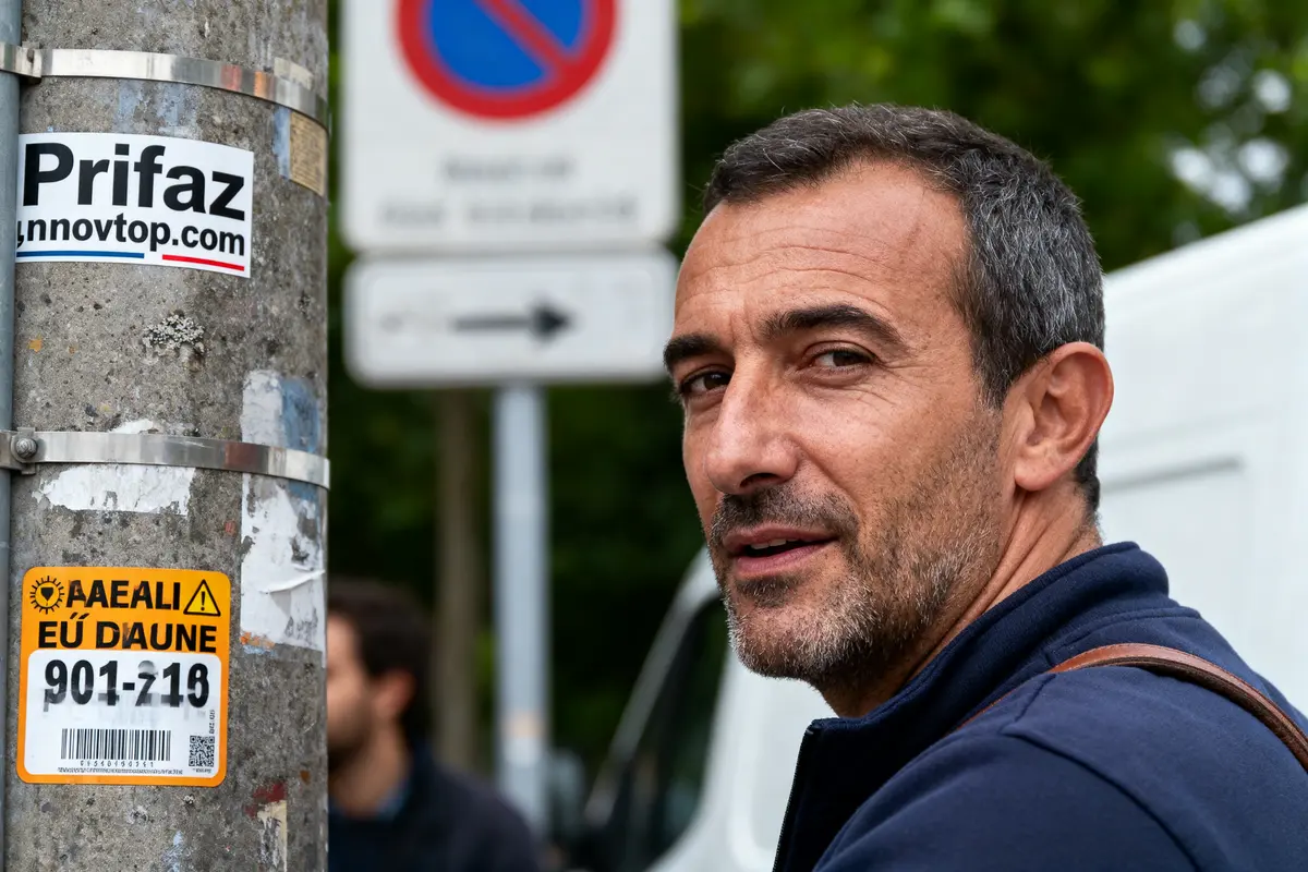 Homme souriant près d'un poteau avec autocollants et panneaux de signalisation en arrière-plan.