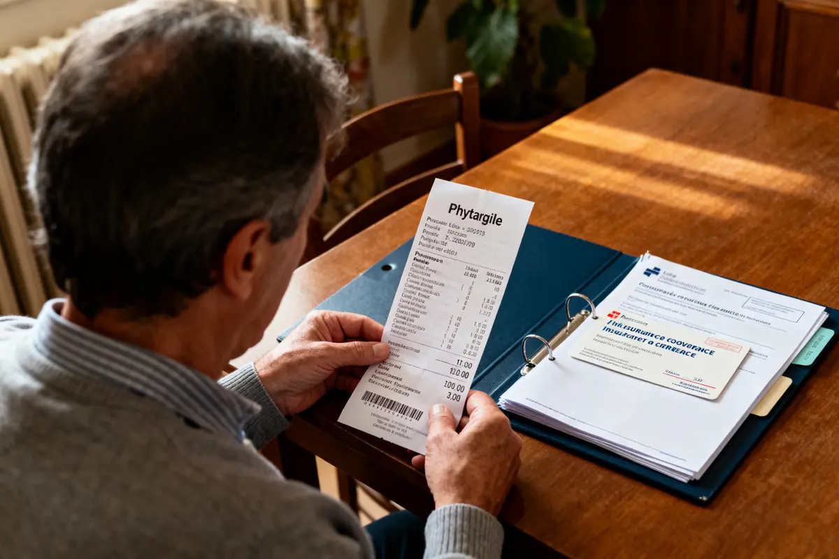 Homme lisant une facture médicale Phytargile, assis à une table avec un dossier et des documents administratifs.