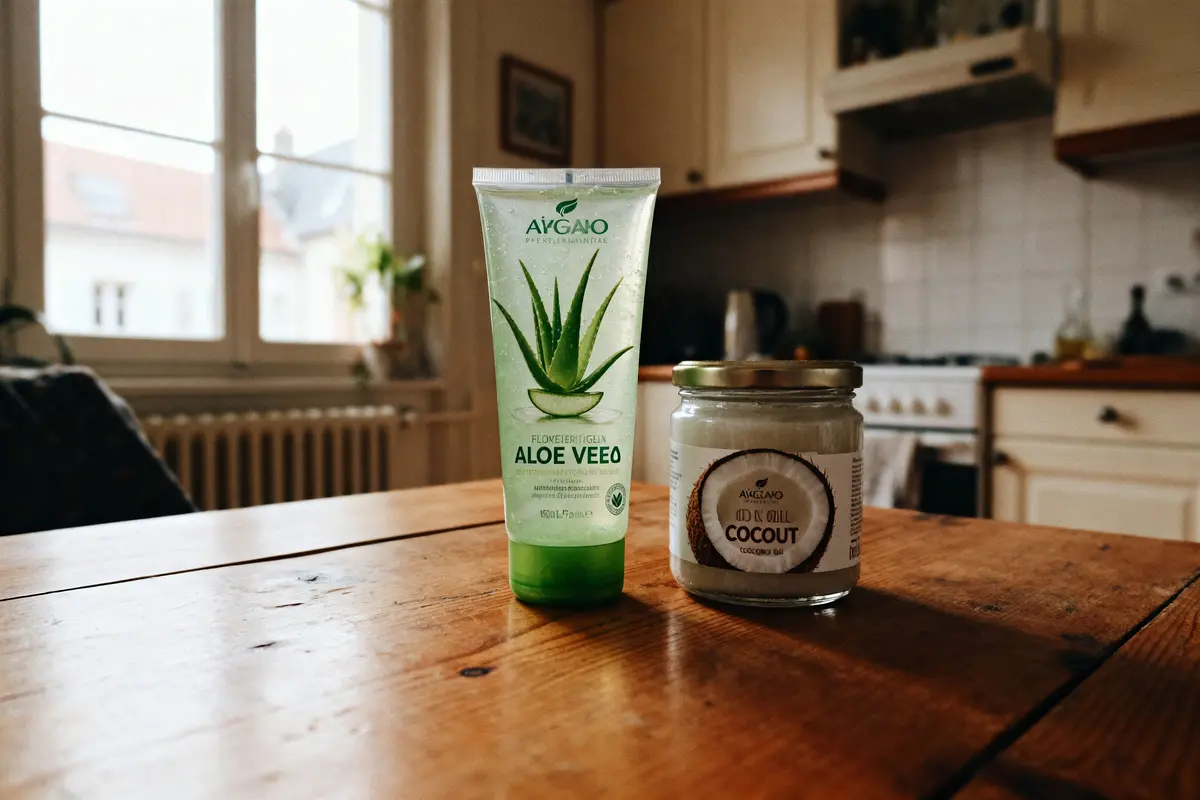 Tube de gel Aloe Vera et pot d'huile de coco sur table en bois, cuisine en arrière-plan.