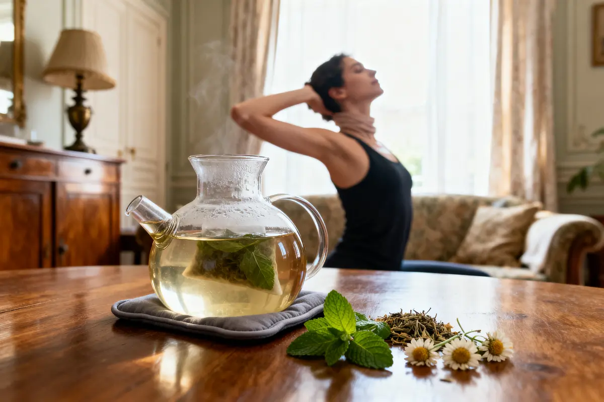 Théière de tisane fumante, menthe, fleurs, femme s'étirant dans un salon en arrière-plan. Ambiance relaxante.