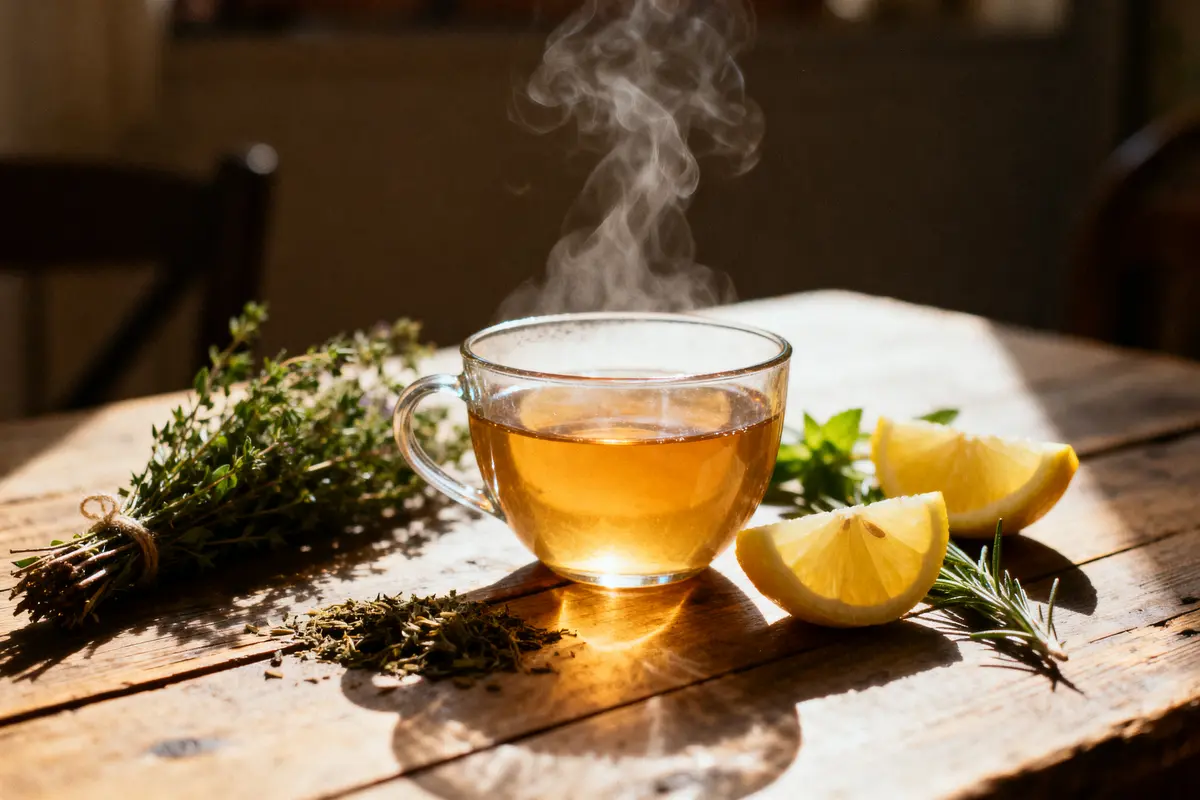 Tisane chaude dans une tasse en verre, avec herbes et tranches de citron sur table en bois.