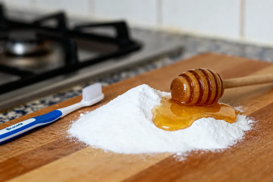 Brosse à dents, poudre blanche et miel sur planche à découper en bois, cuisine en arrière-plan.