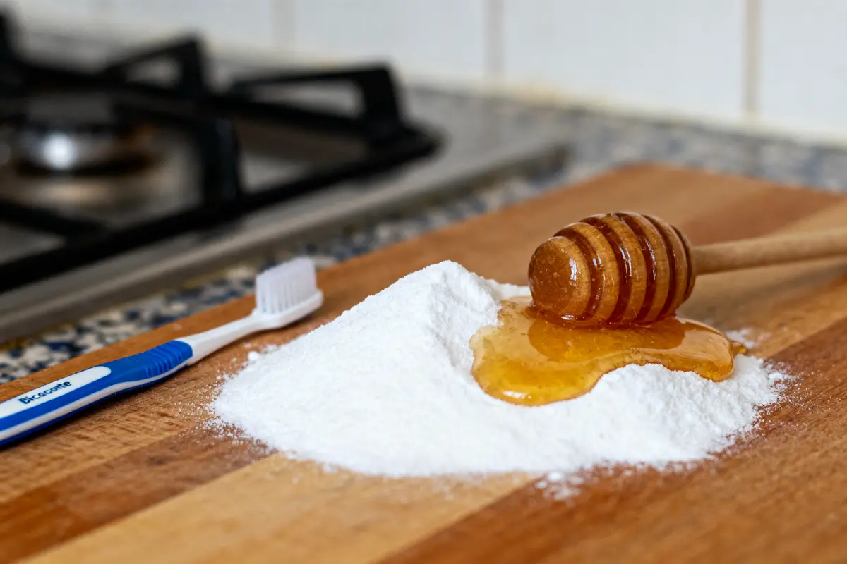 Brosse à dents, poudre blanche et miel sur planche à découper en bois, cuisine en arrière-plan.