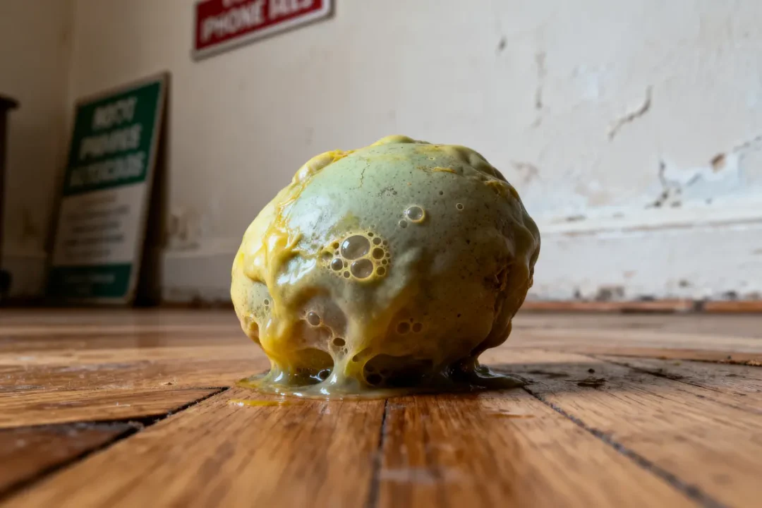 Un citron moisi repose sur un plancher, avec des signes de décomposition avancée et des bulles de moisissure.