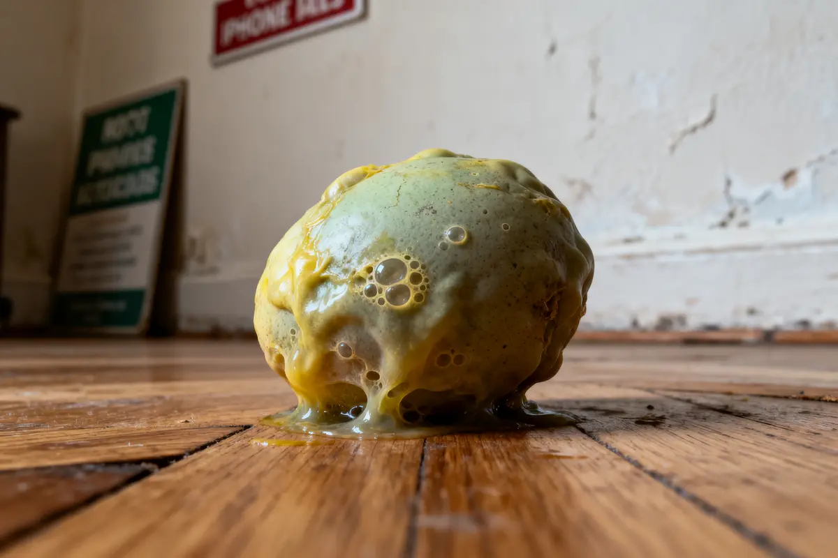 Un citron moisi repose sur un plancher, avec des signes de décomposition avancée et des bulles de moisissure.