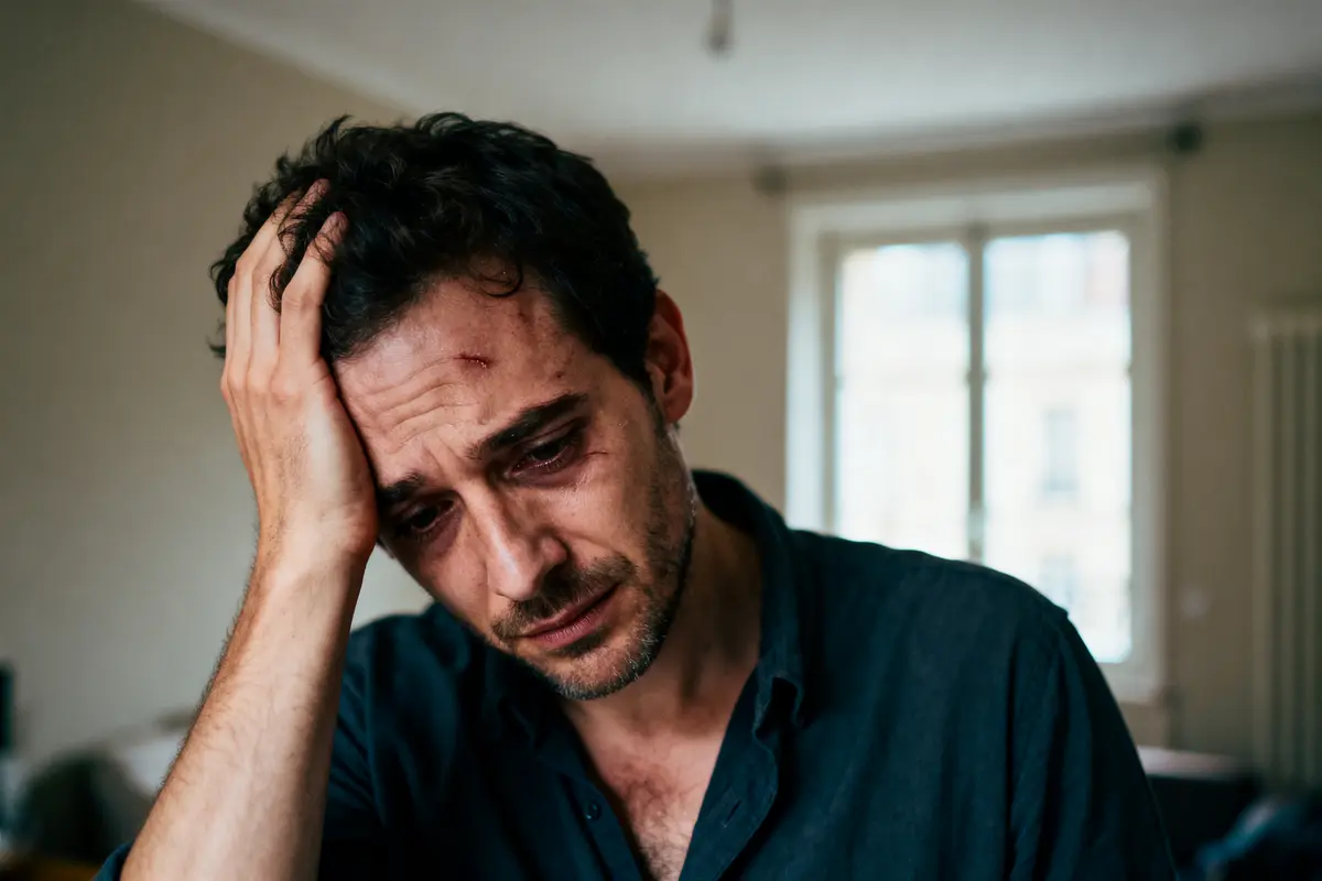 Homme triste avec blessure frontale, main sur tête, intérieur clair en arrière-plan.